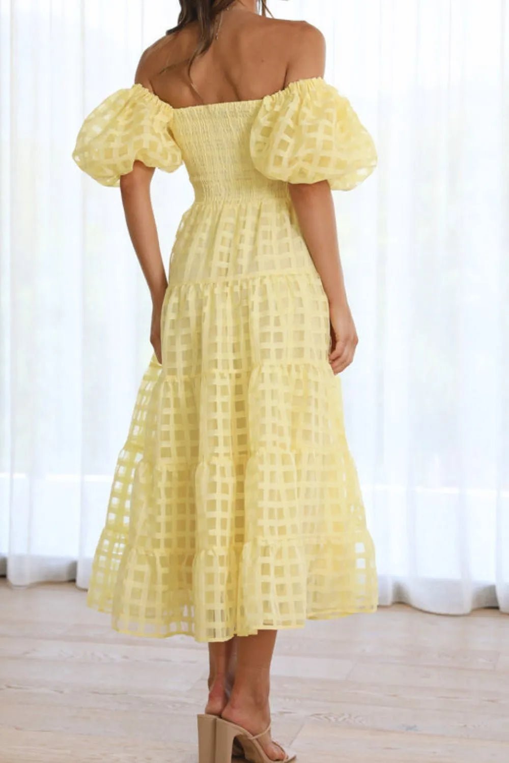 Off Shoulder Short Puff Sleeve Midi Dress - Flip Flop Dynasty