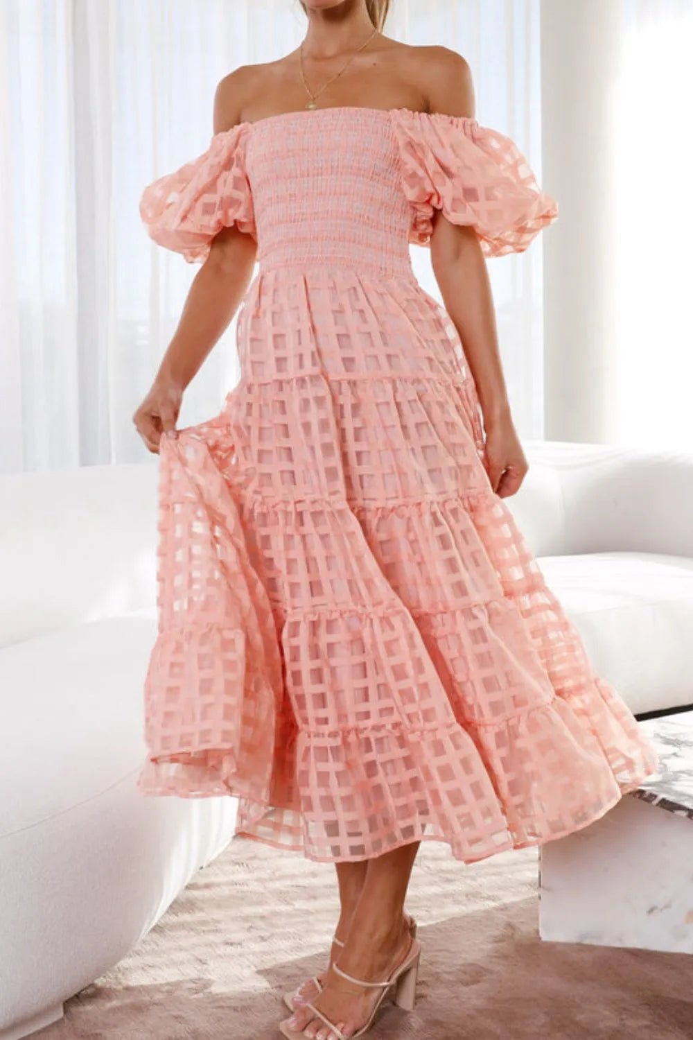 Off Shoulder Short Puff Sleeve Midi Dress - Flip Flop Dynasty