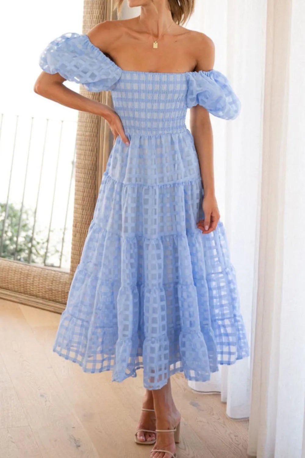 Off Shoulder Short Puff Sleeve Midi Dress - Flip Flop Dynasty