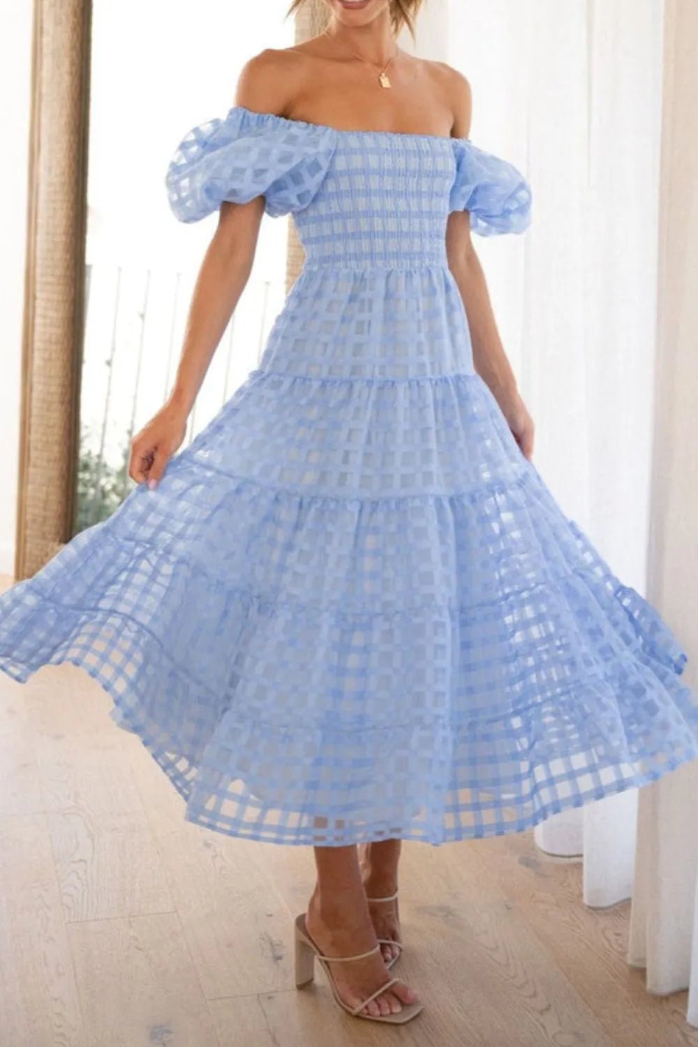 Off Shoulder Short Puff Sleeve Midi Dress - Flip Flop Dynasty
