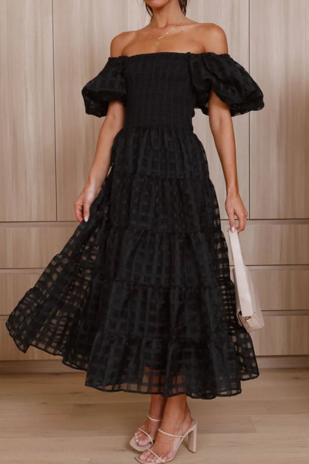 Off Shoulder Short Puff Sleeve Midi Dress - Flip Flop Dynasty