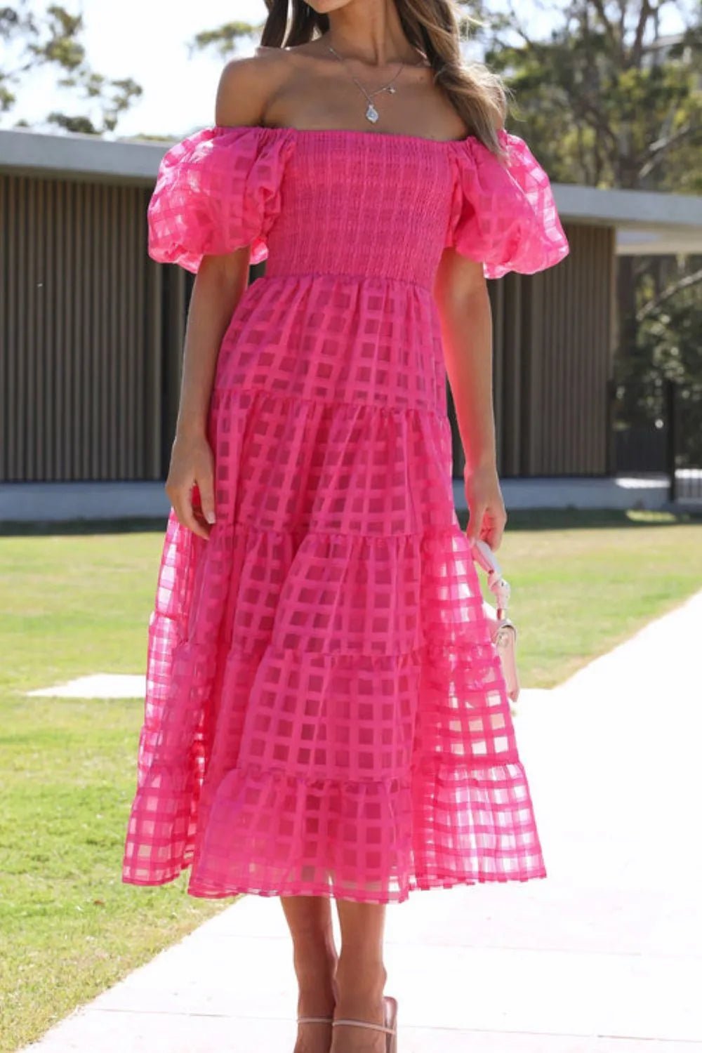 Off Shoulder Short Puff Sleeve Midi Dress - Flip Flop Dynasty