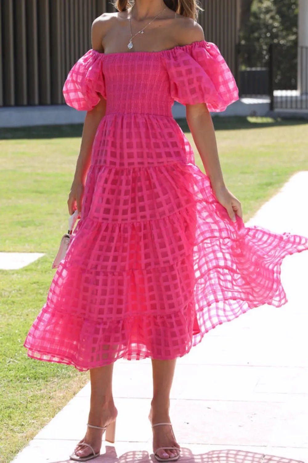 Off Shoulder Short Puff Sleeve Midi Dress - Flip Flop Dynasty