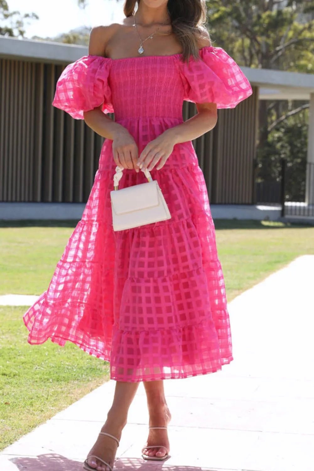 Off Shoulder Short Puff Sleeve Midi Dress - Flip Flop Dynasty
