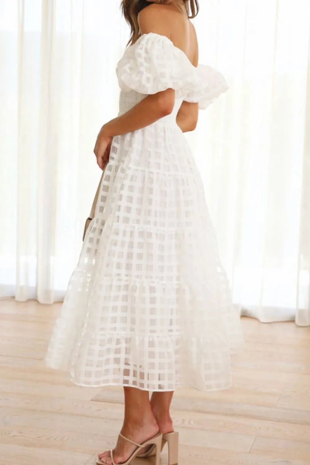Off Shoulder Short Puff Sleeve Midi Dress - Flip Flop Dynasty