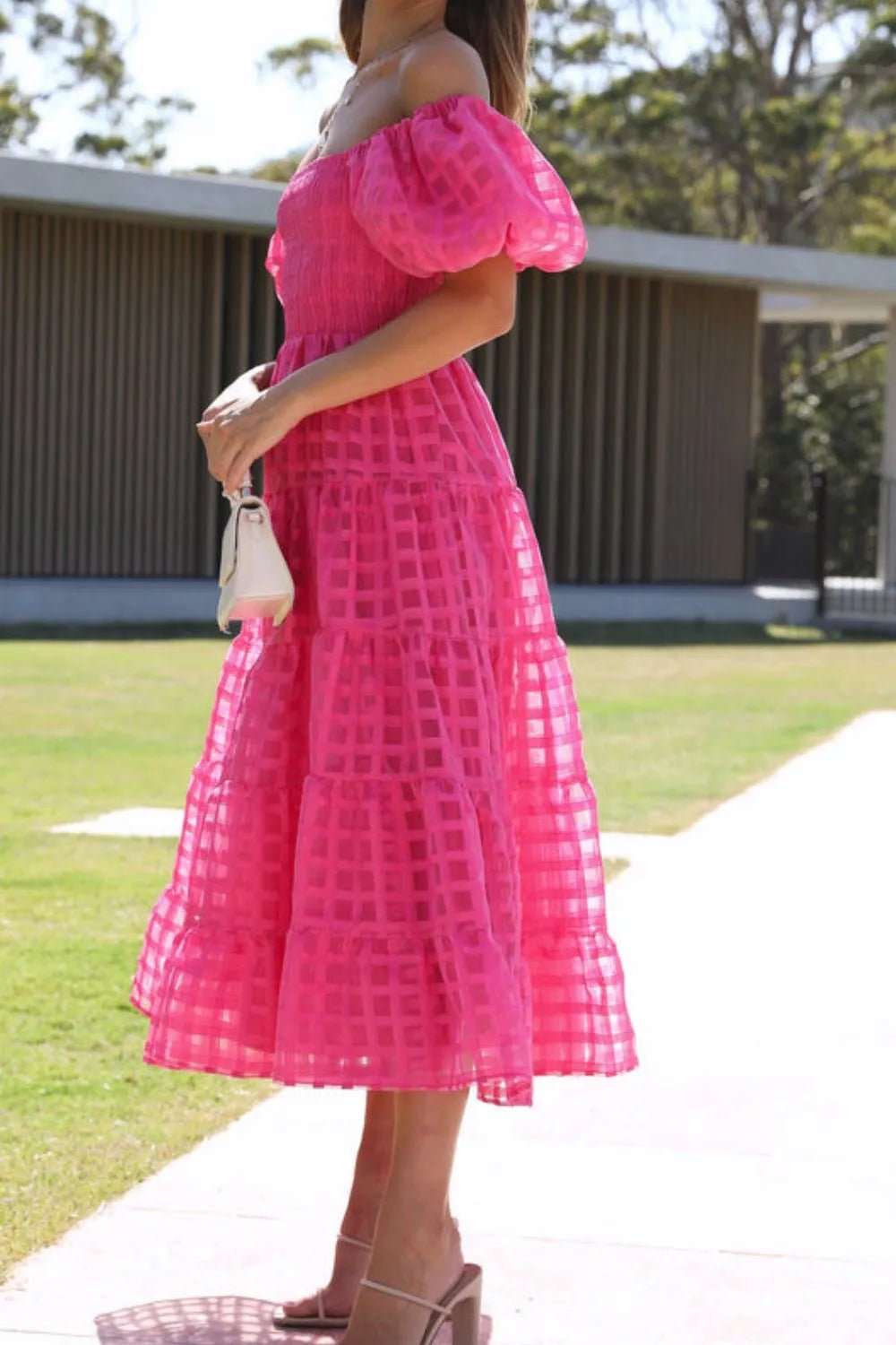 Off Shoulder Short Puff Sleeve Midi Dress - Flip Flop Dynasty
