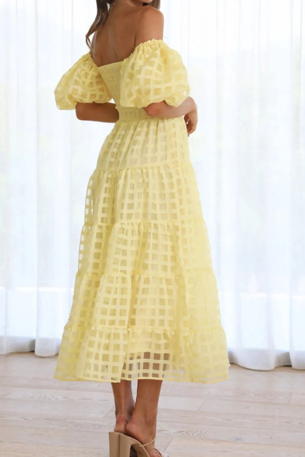 Off Shoulder Short Puff Sleeve Midi Dress - Flip Flop Dynasty