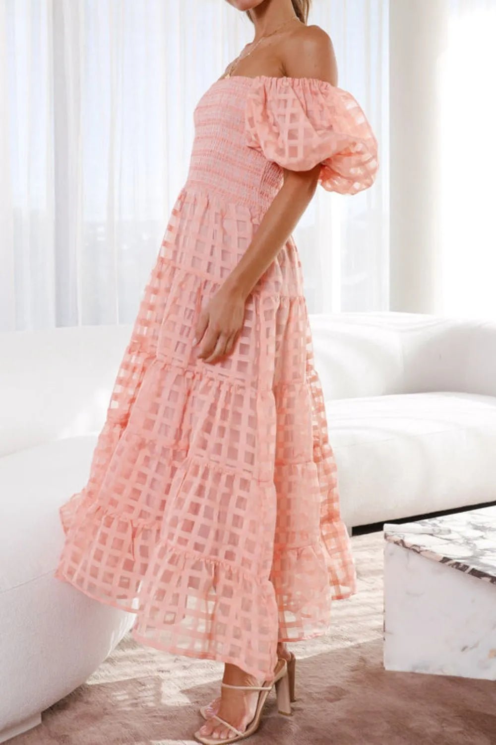 Off Shoulder Short Puff Sleeve Midi Dress - Flip Flop Dynasty