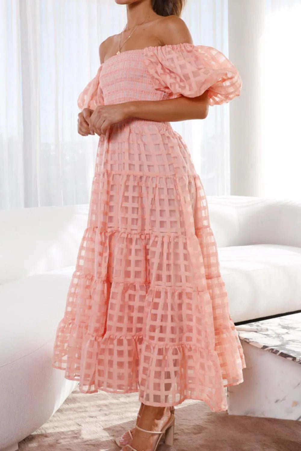 Off Shoulder Short Puff Sleeve Midi Dress - Flip Flop Dynasty