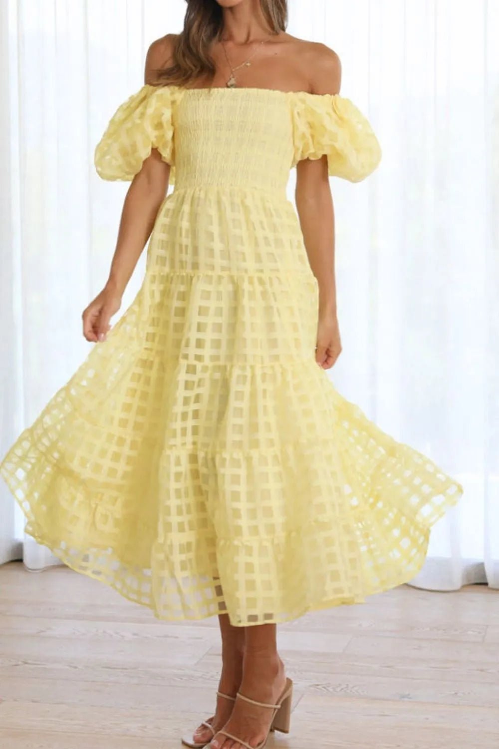 Off Shoulder Short Puff Sleeve Midi Dress - Flip Flop Dynasty