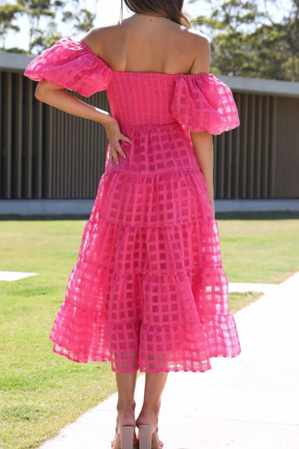 Off Shoulder Short Puff Sleeve Midi Dress - Flip Flop Dynasty