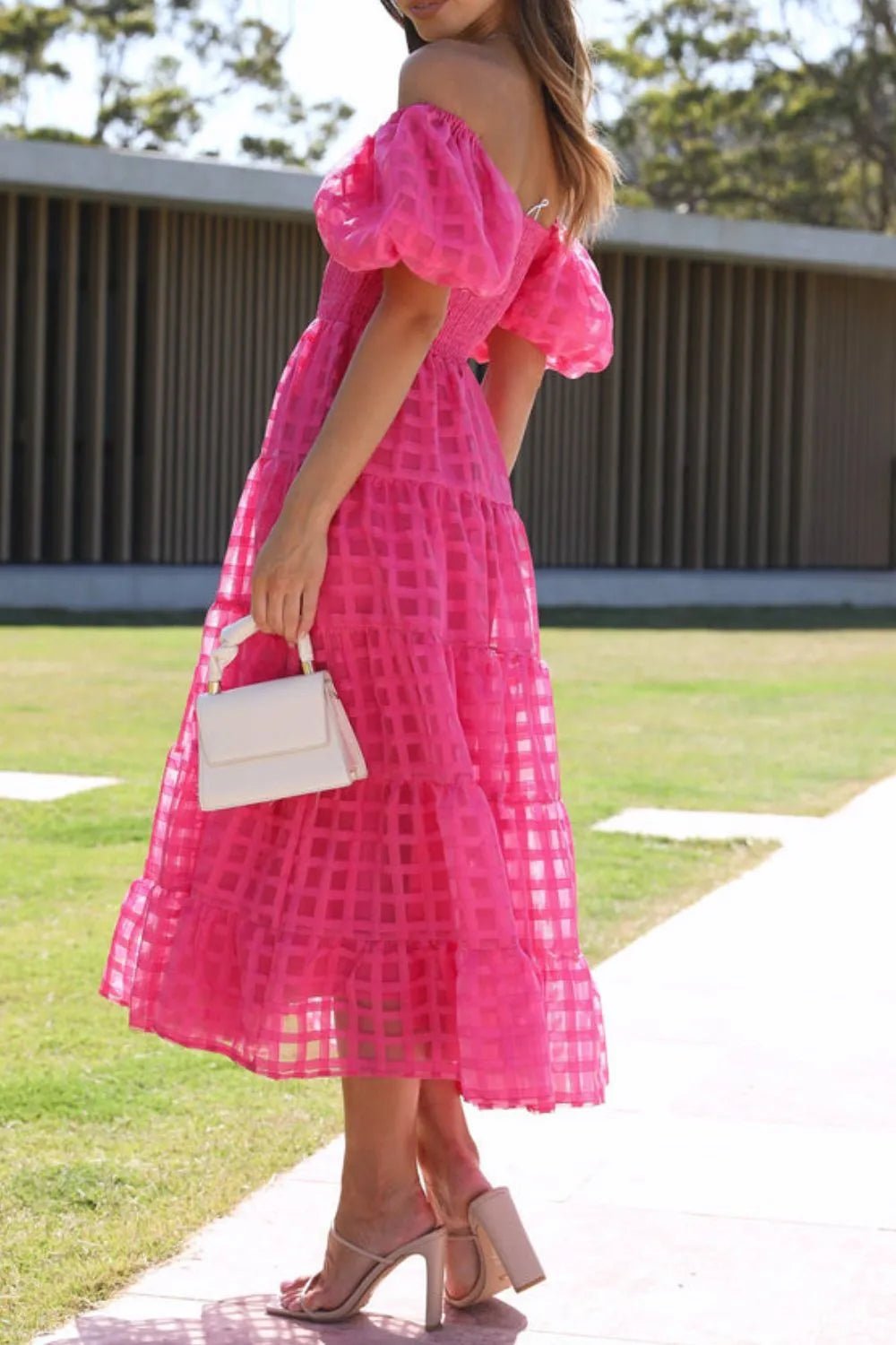 Off Shoulder Short Puff Sleeve Midi Dress - Flip Flop Dynasty