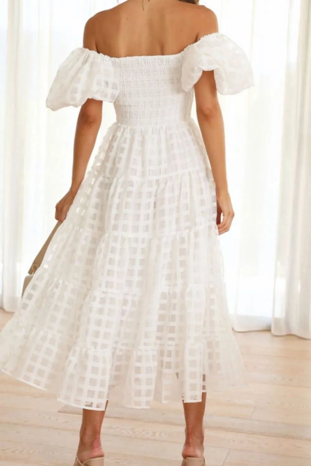 Off Shoulder Short Puff Sleeve Midi Dress - Flip Flop Dynasty