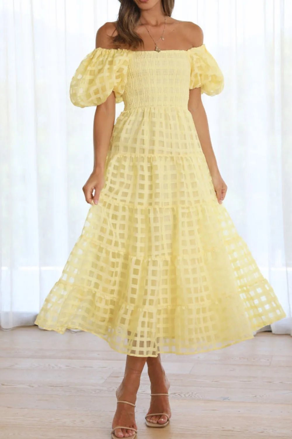 Off Shoulder Short Puff Sleeve Midi Dress - Flip Flop Dynasty