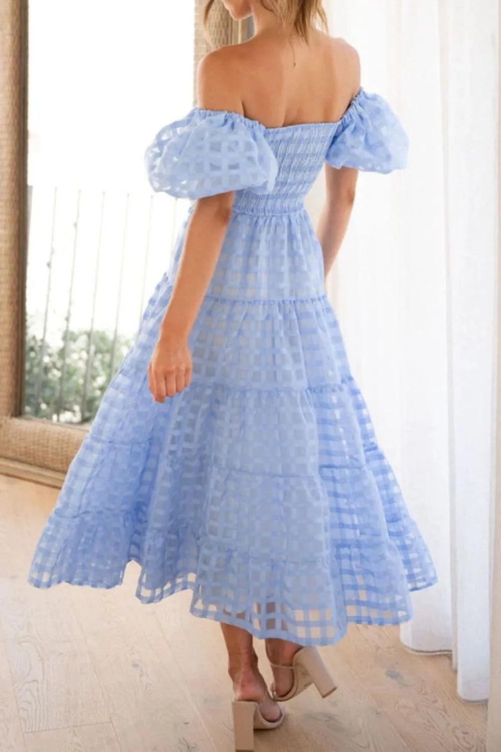 Off Shoulder Short Puff Sleeve Midi Dress - Flip Flop Dynasty