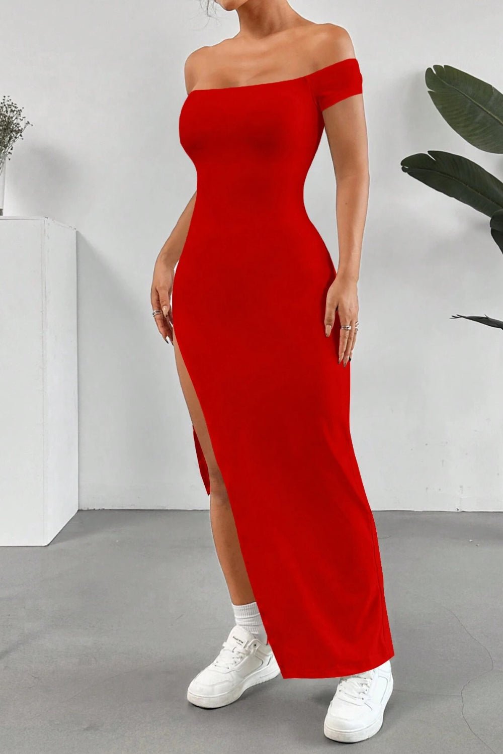 Off Shoulder Slit Maxi Dress - Flip Flop Dynasty
