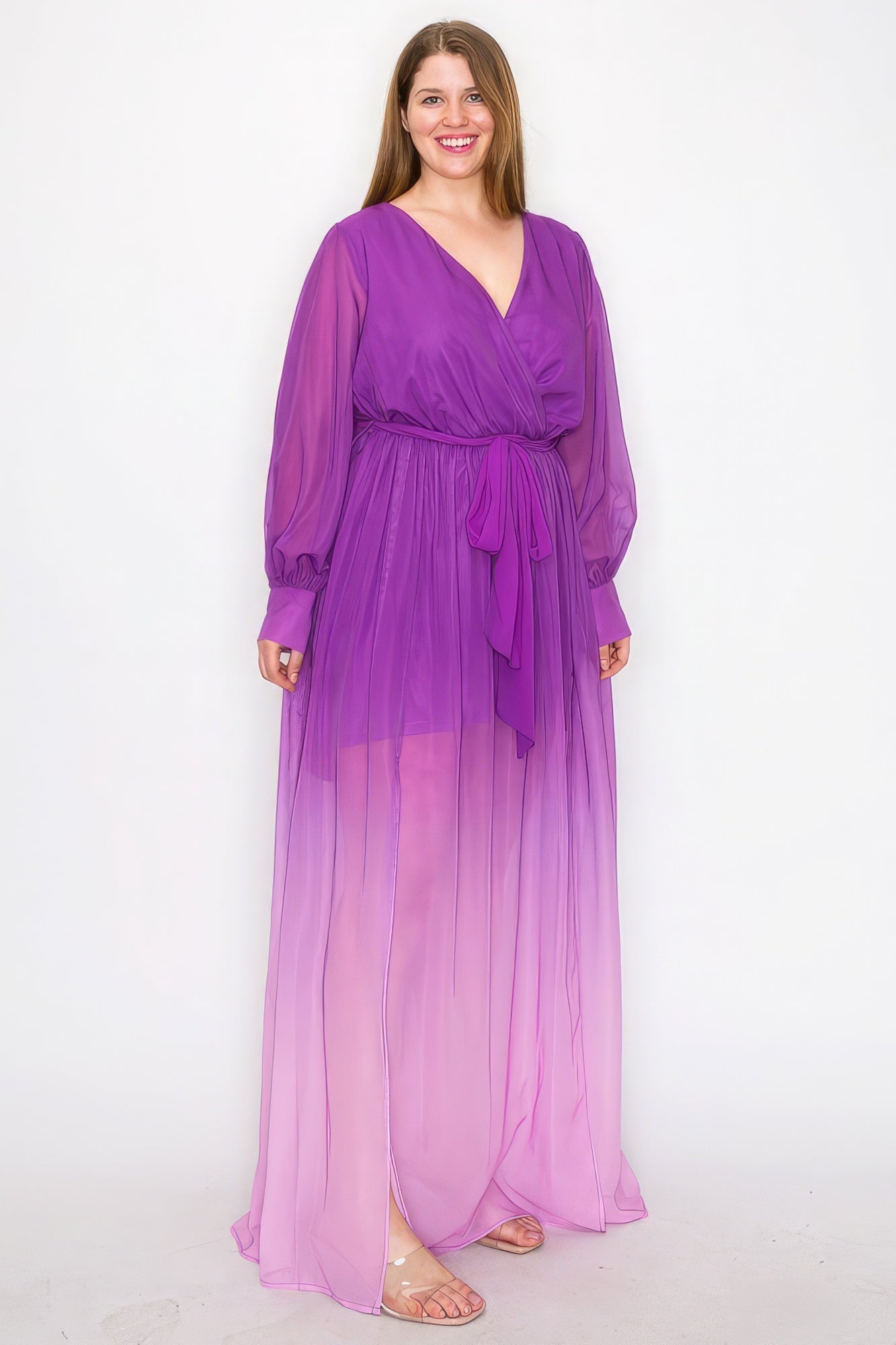 Ombre Chiffon Wrap Front Long Sleeve Tie Waist Slit Front Maxi Dress - Flip Flop Dynasty