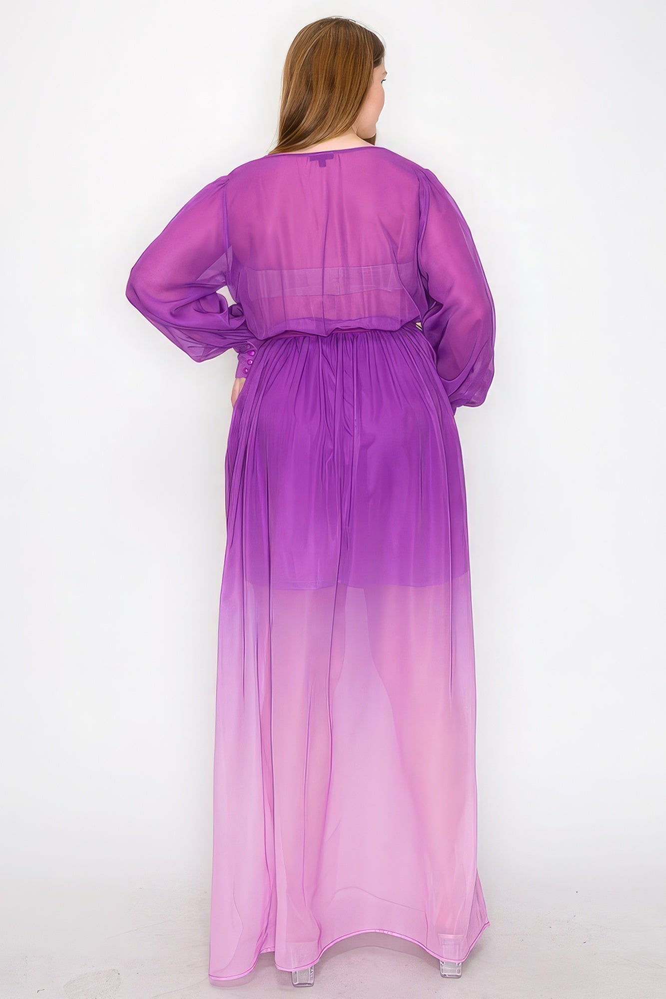 Ombre Chiffon Wrap Front Long Sleeve Tie Waist Slit Front Maxi Dress - Flip Flop Dynasty