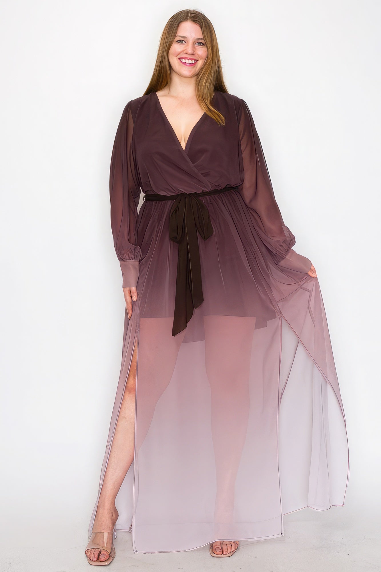 Ombre Chiffon Wrap Front Long Sleeve Tie Waist Slit Front Maxi Dress - Flip Flop Dynasty