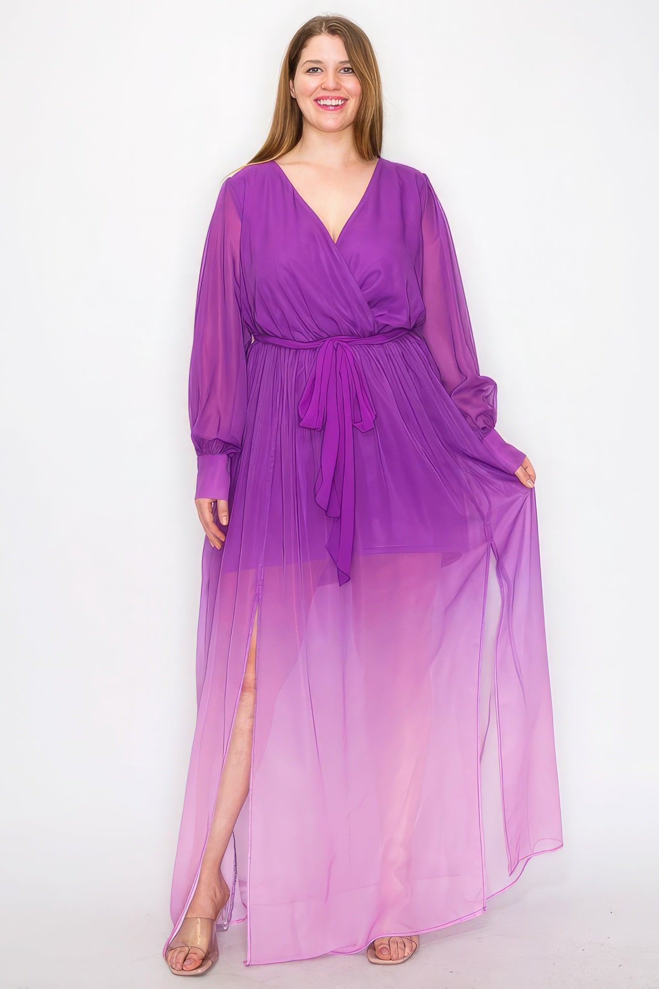 Ombre Chiffon Wrap Front Long Sleeve Tie Waist Slit Front Maxi Dress - Flip Flop Dynasty