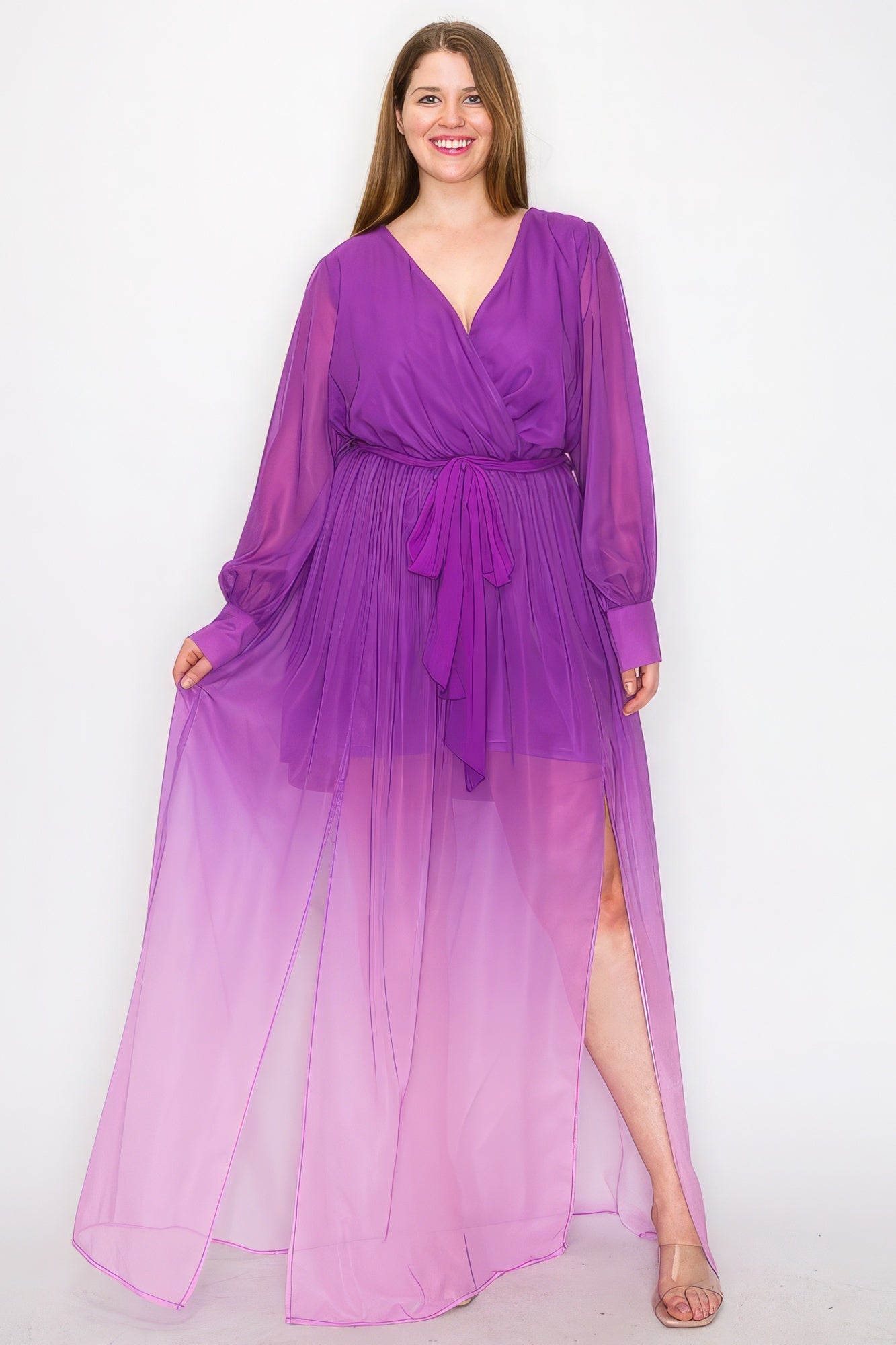 Ombre Chiffon Wrap Front Long Sleeve Tie Waist Slit Front Maxi Dress - Flip Flop Dynasty