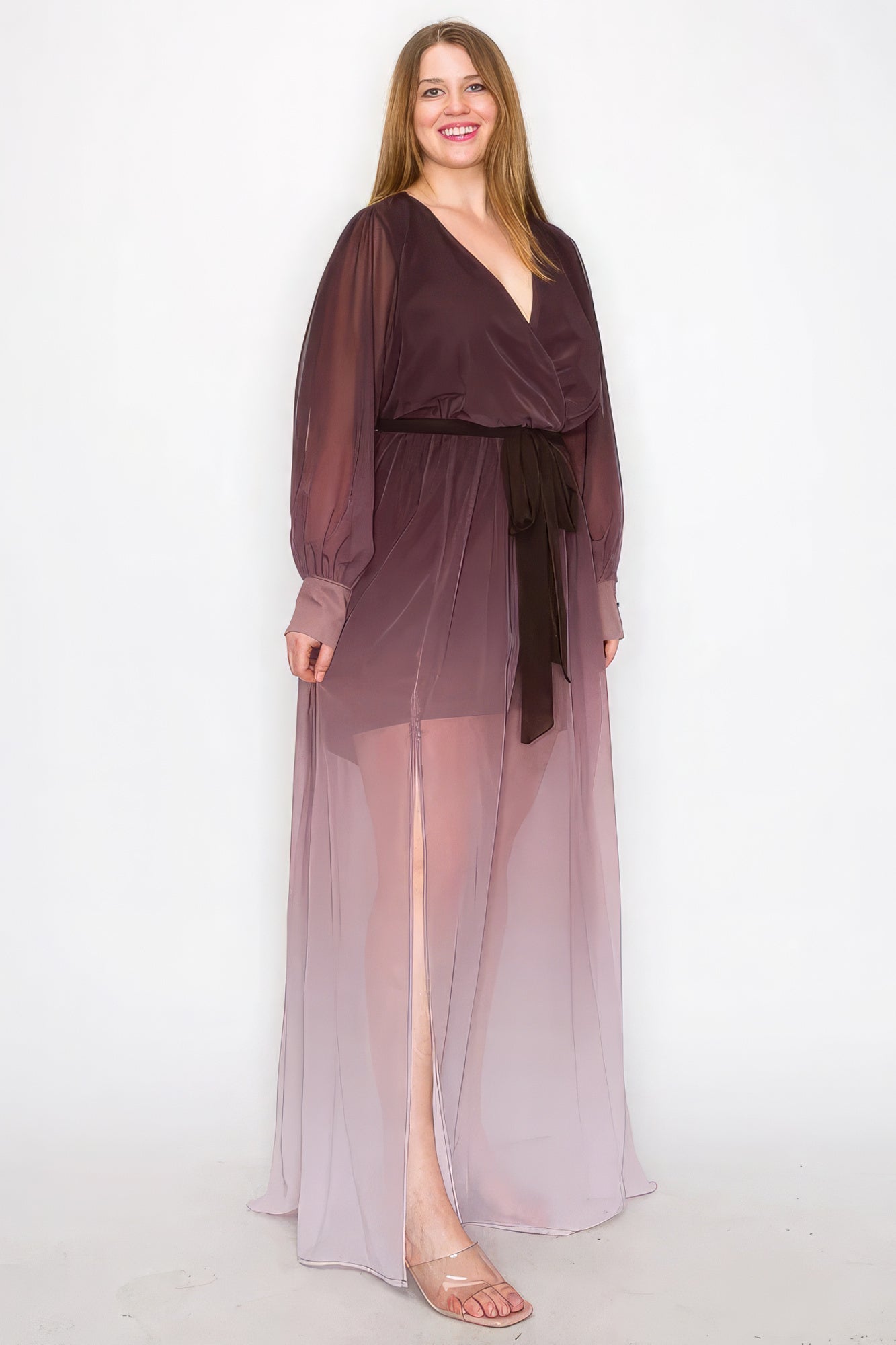 Ombre Chiffon Wrap Front Long Sleeve Tie Waist Slit Front Maxi Dress - Flip Flop Dynasty