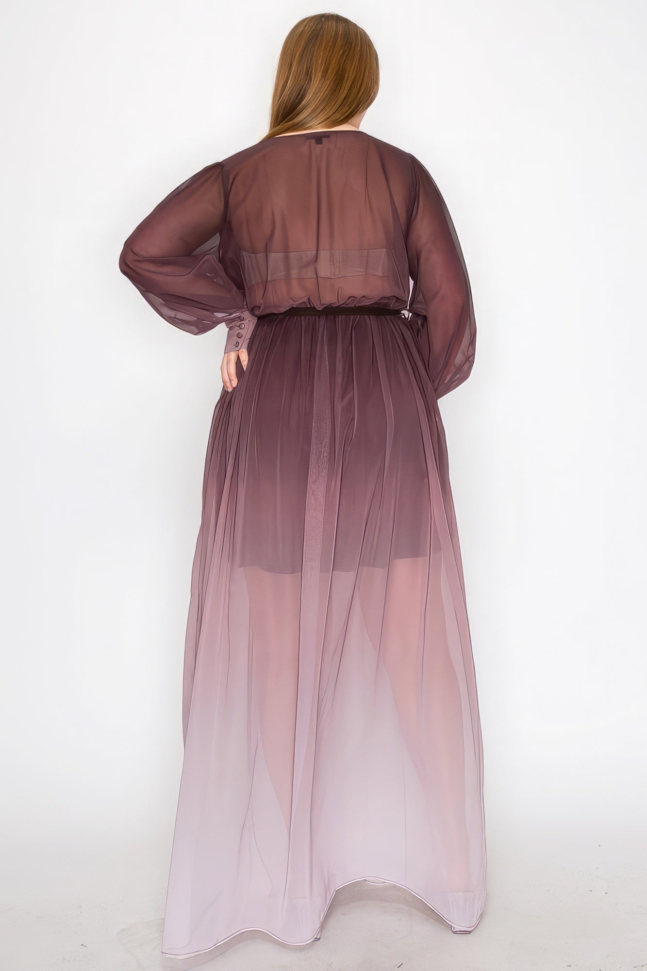 Ombre Chiffon Wrap Front Long Sleeve Tie Waist Slit Front Maxi Dress - Flip Flop Dynasty