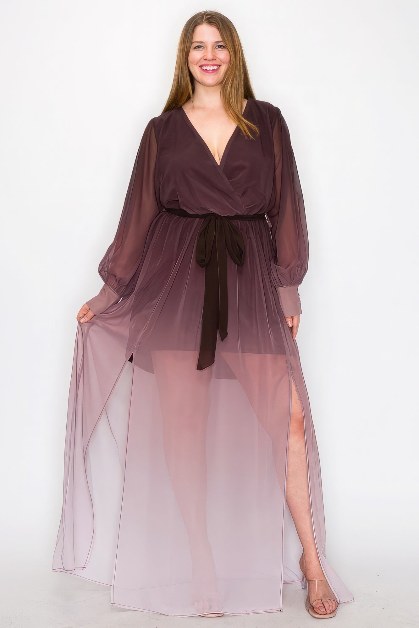 Ombre Chiffon Wrap Front Long Sleeve Tie Waist Slit Front Maxi Dress - Flip Flop Dynasty