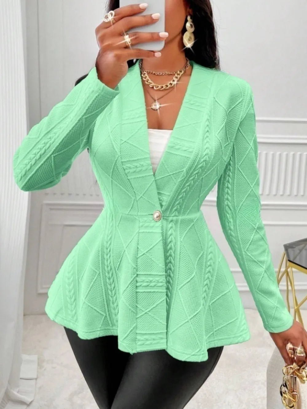 One Button Textured Peplum Cardigan - Flip Flop Dynasty