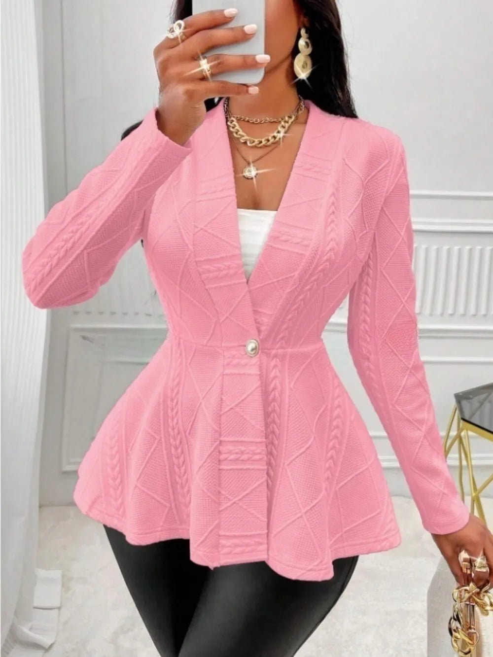 One Button Textured Peplum Cardigan - Flip Flop Dynasty