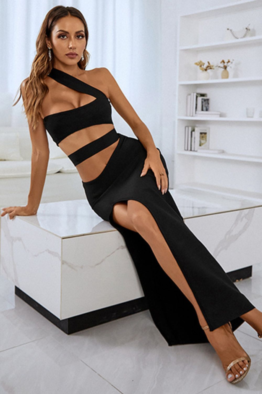 One - Shoulder Cutout Front Split Maxi Dress - Flip Flop Dynasty