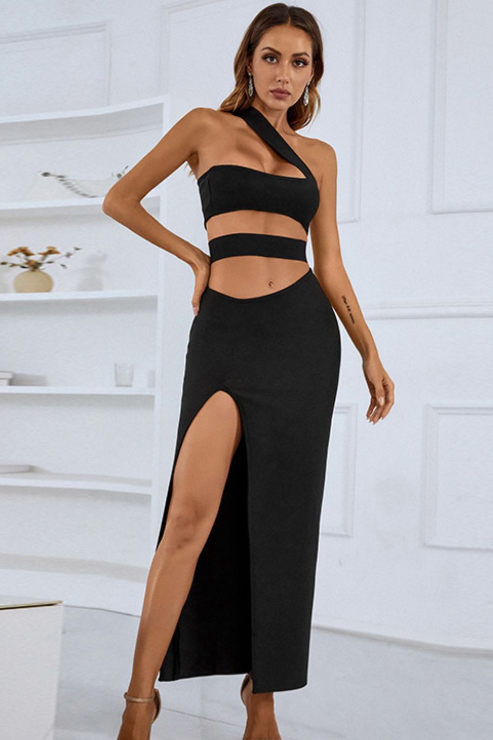 One - Shoulder Cutout Front Split Maxi Dress - Flip Flop Dynasty