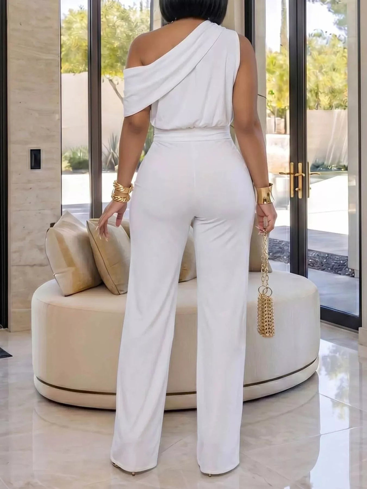 One-Shoulder Draped Wide Leg Jumpsuit - Flip Flop Dynasty