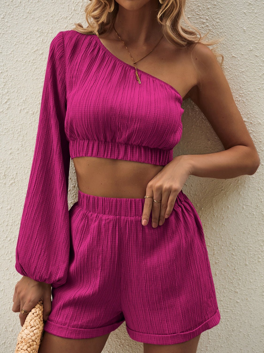 One Shoulder Long Sleeve Top and Shorts Set - Flip Flop Dynasty