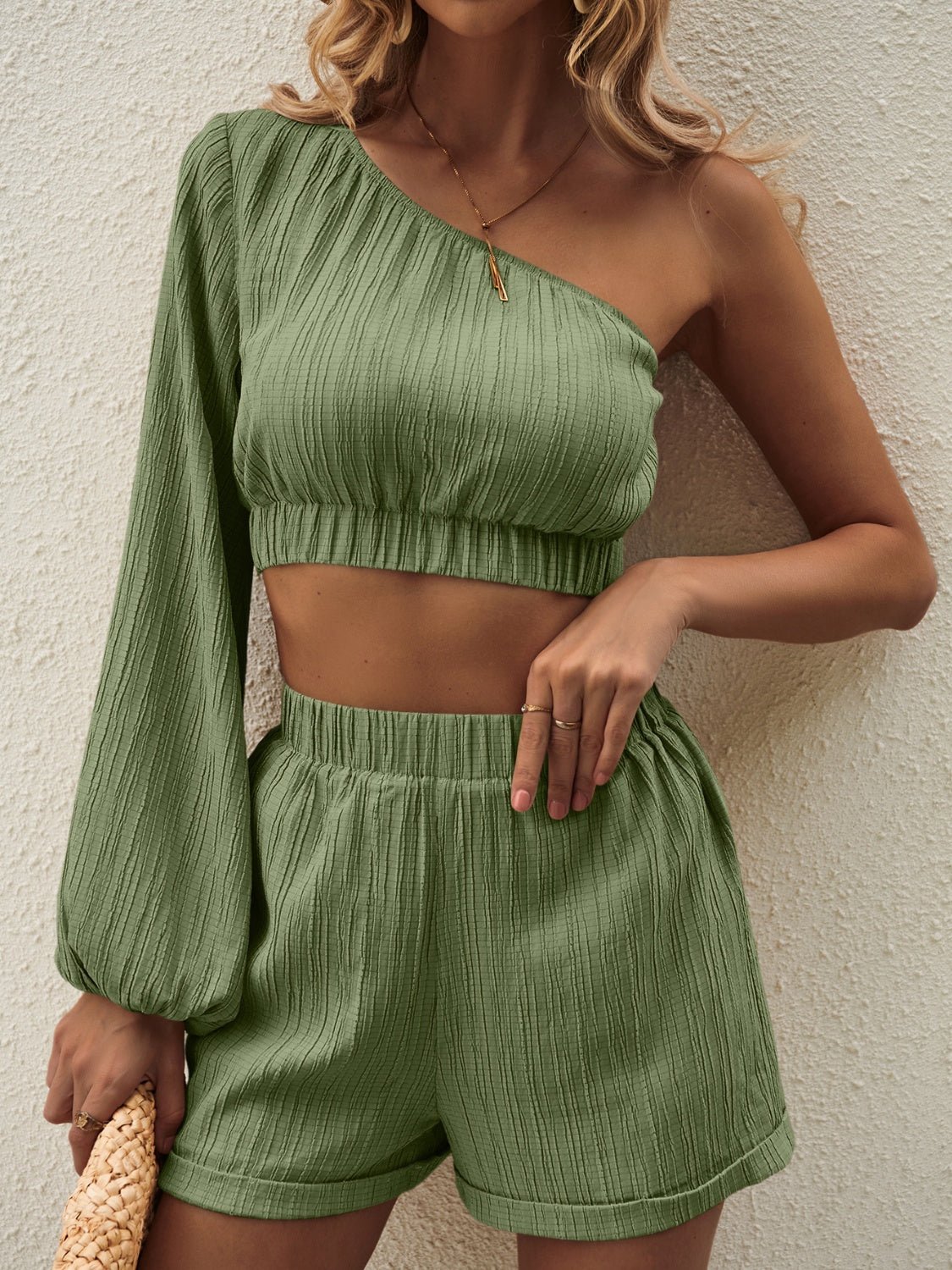 One Shoulder Long Sleeve Top and Shorts Set - Flip Flop Dynasty