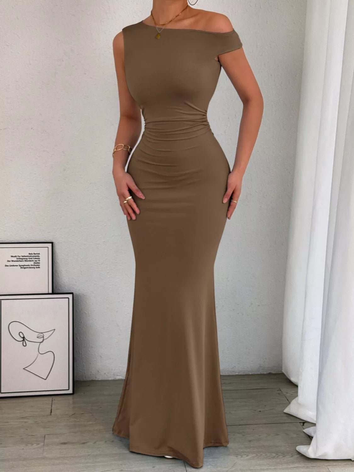 One - Shoulder Ruched Bodycon Maxi Dress - Flip Flop Dynasty