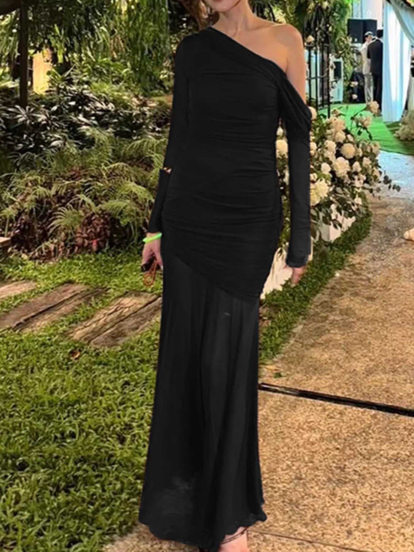 One - Shoulder Ruched Mesh Maxi Dress - Flip Flop Dynasty