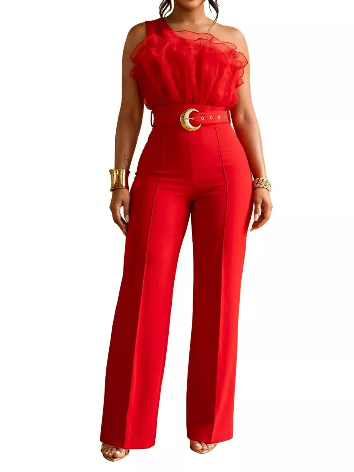 One-Shoulder Ruffled Wide-Leg Jumpsuit - Flip Flop Dynasty