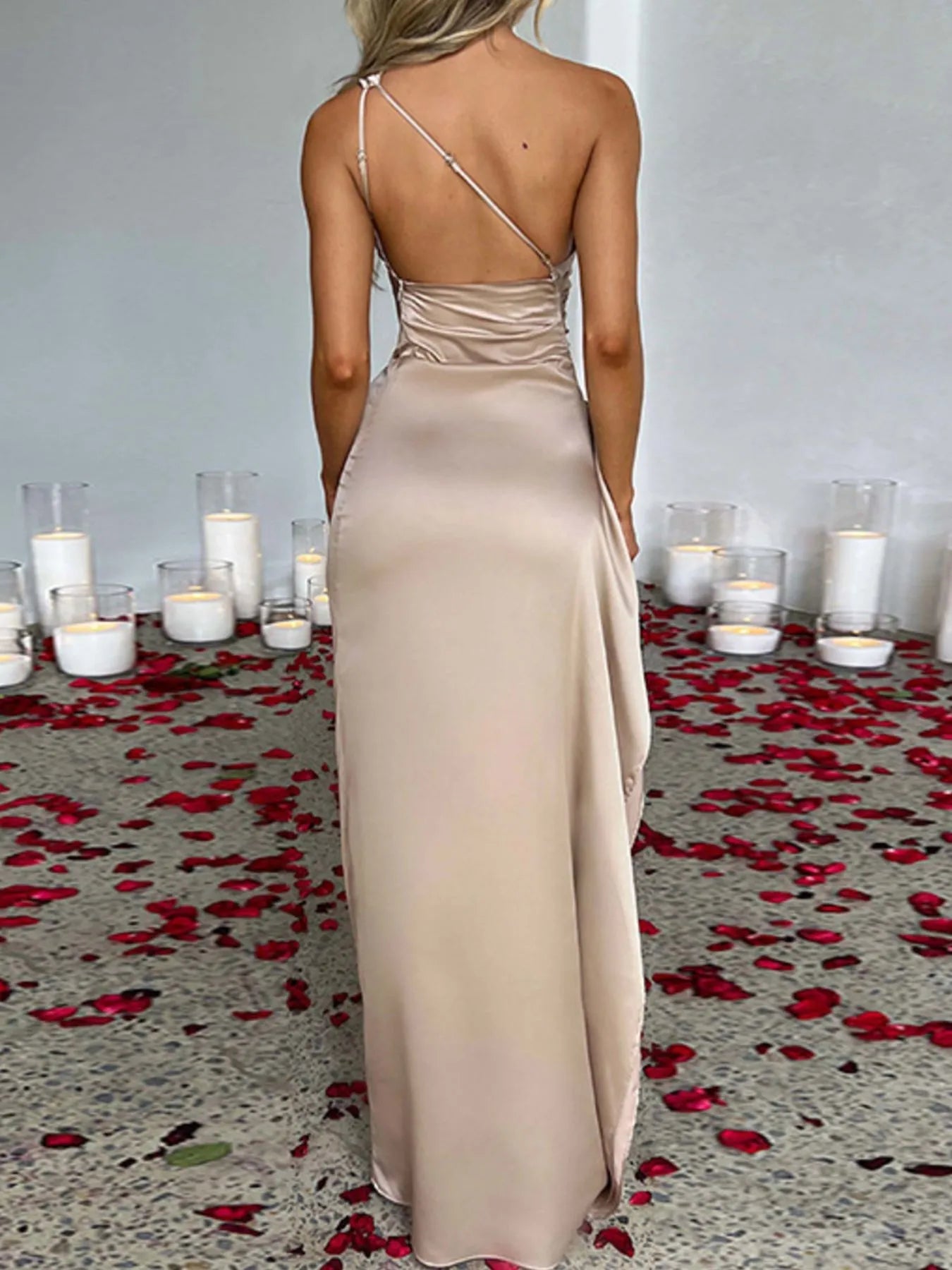 One Shoulder Satin Dress with High Slit - Flip Flop Dynasty