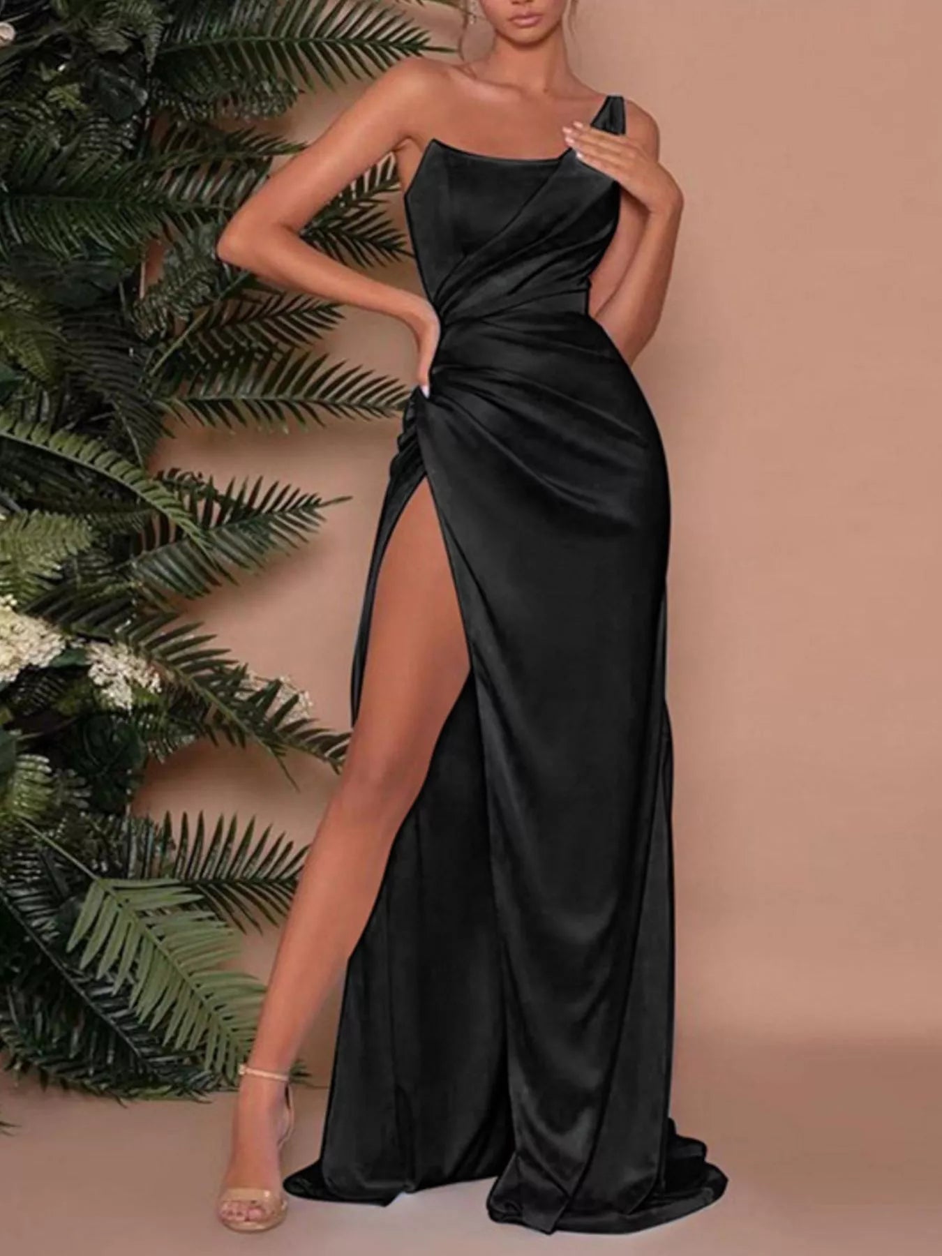 One-Shoulder Satin Maxi Dress with High Slit - Flip Flop Dynasty