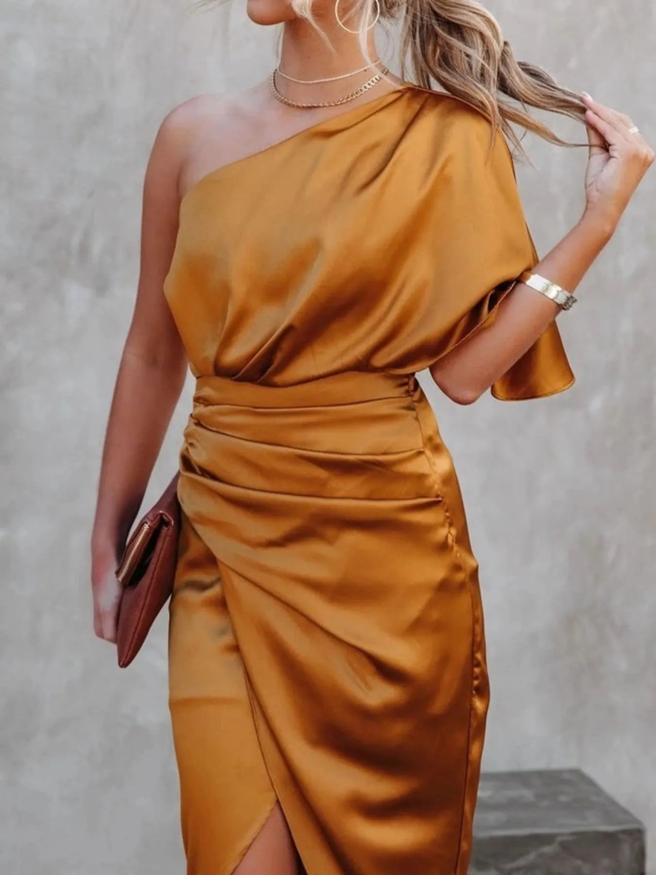 One - Shoulder Satin Wrap Dress with Side Slit - Flip Flop Dynasty