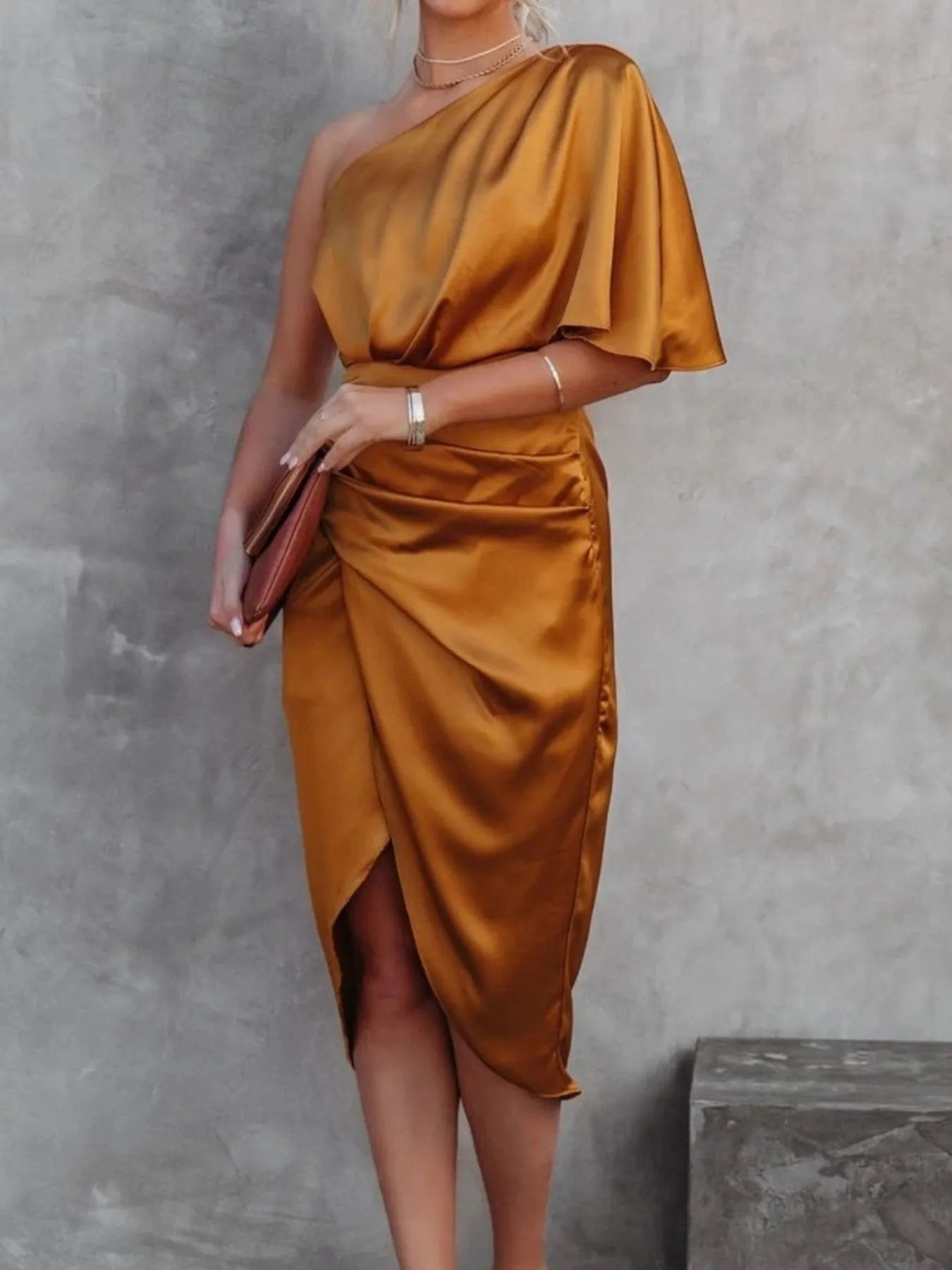 One - Shoulder Satin Wrap Dress with Side Slit - Flip Flop Dynasty
