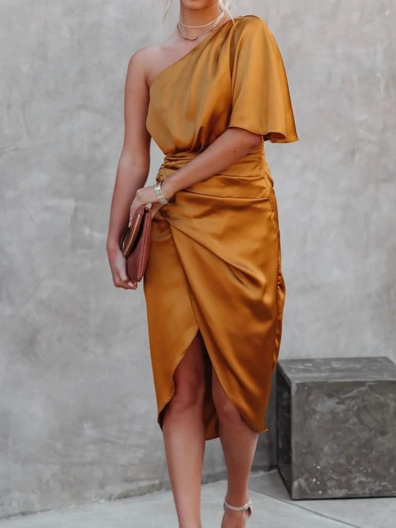 One - Shoulder Satin Wrap Dress with Side Slit - Flip Flop Dynasty