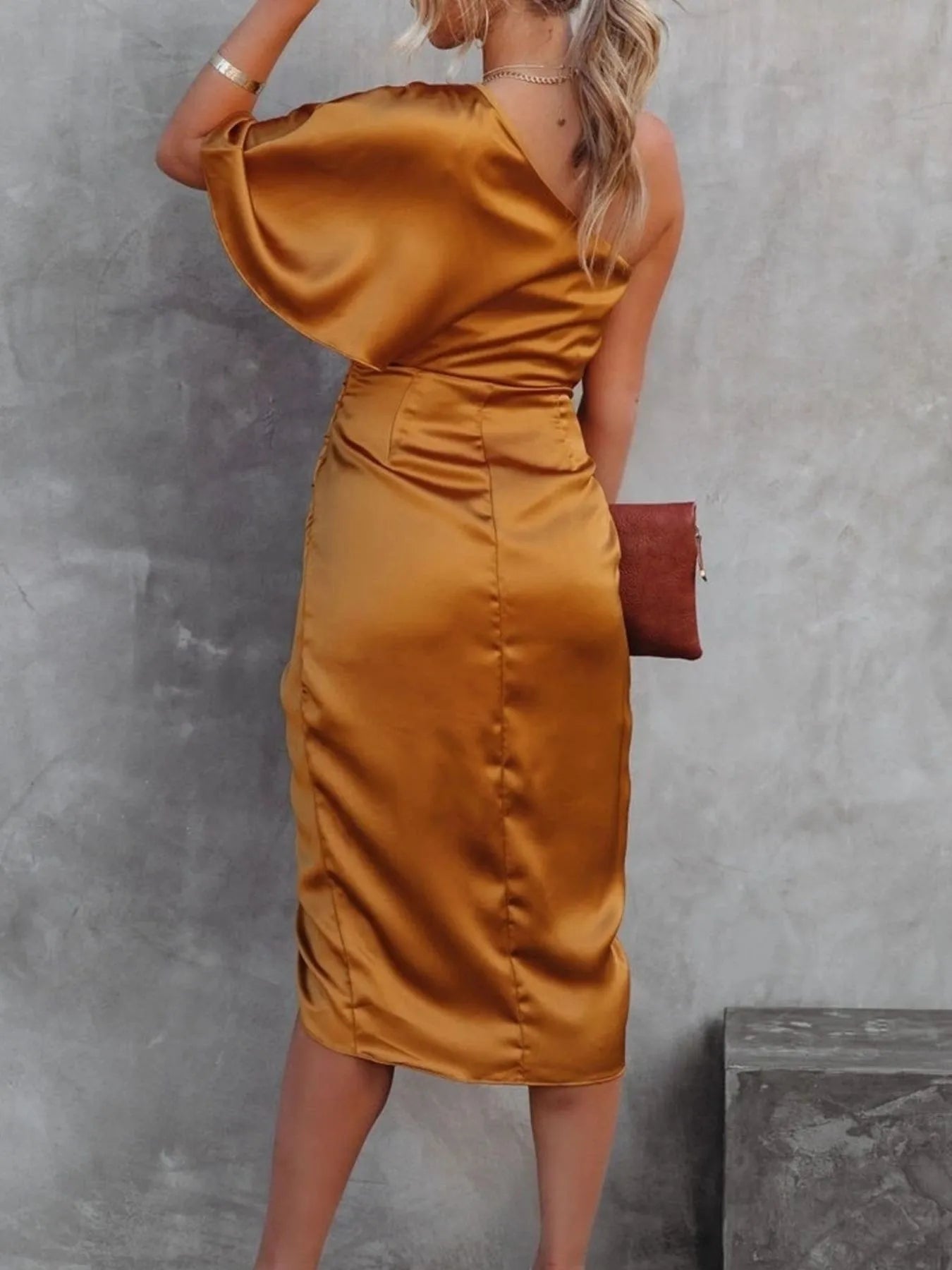 One - Shoulder Satin Wrap Dress with Side Slit - Flip Flop Dynasty