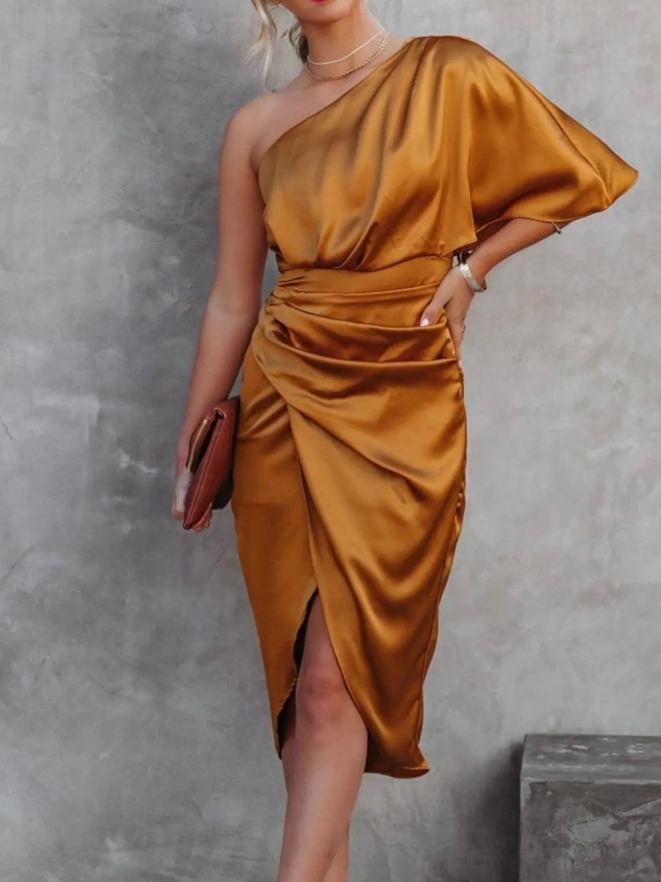 One - Shoulder Satin Wrap Dress with Side Slit - Flip Flop Dynasty