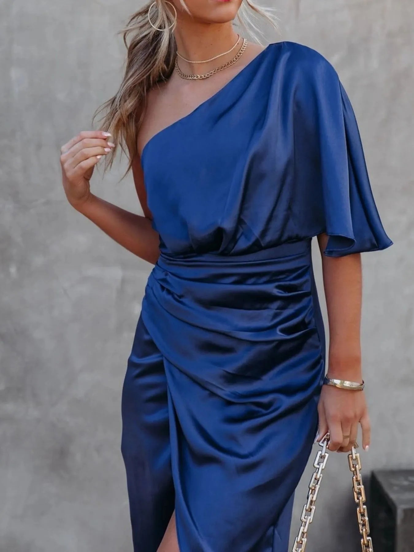 One - Shoulder Satin Wrap Dress with Side Slit - Flip Flop Dynasty