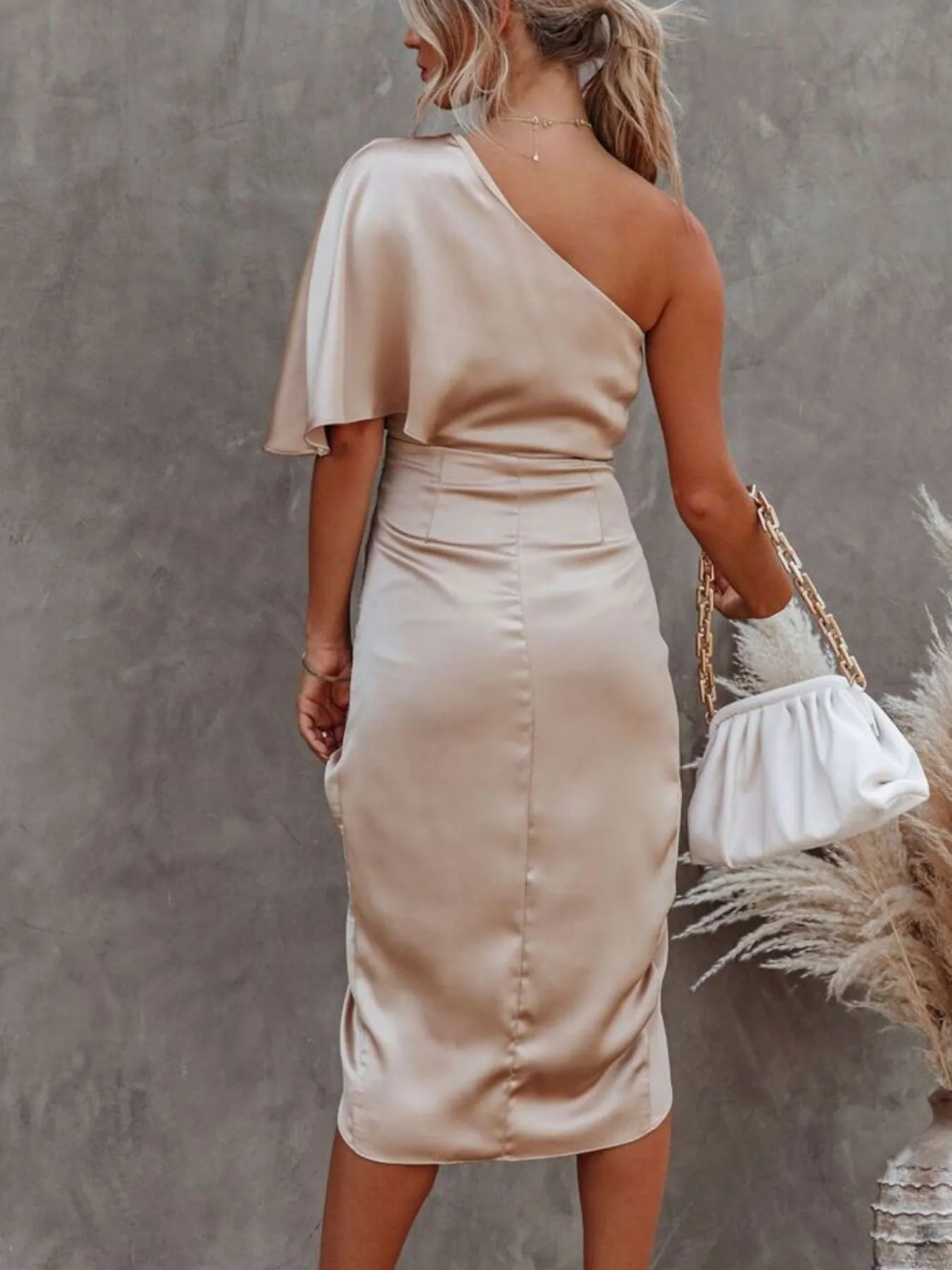 One - Shoulder Satin Wrap Dress with Side Slit - Flip Flop Dynasty
