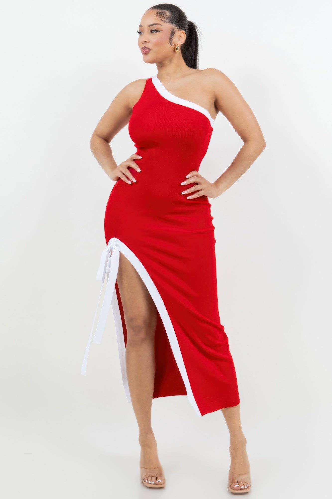 One Shoulder Side Slit Tie - up Maxi Dress - Flip Flop Dynasty