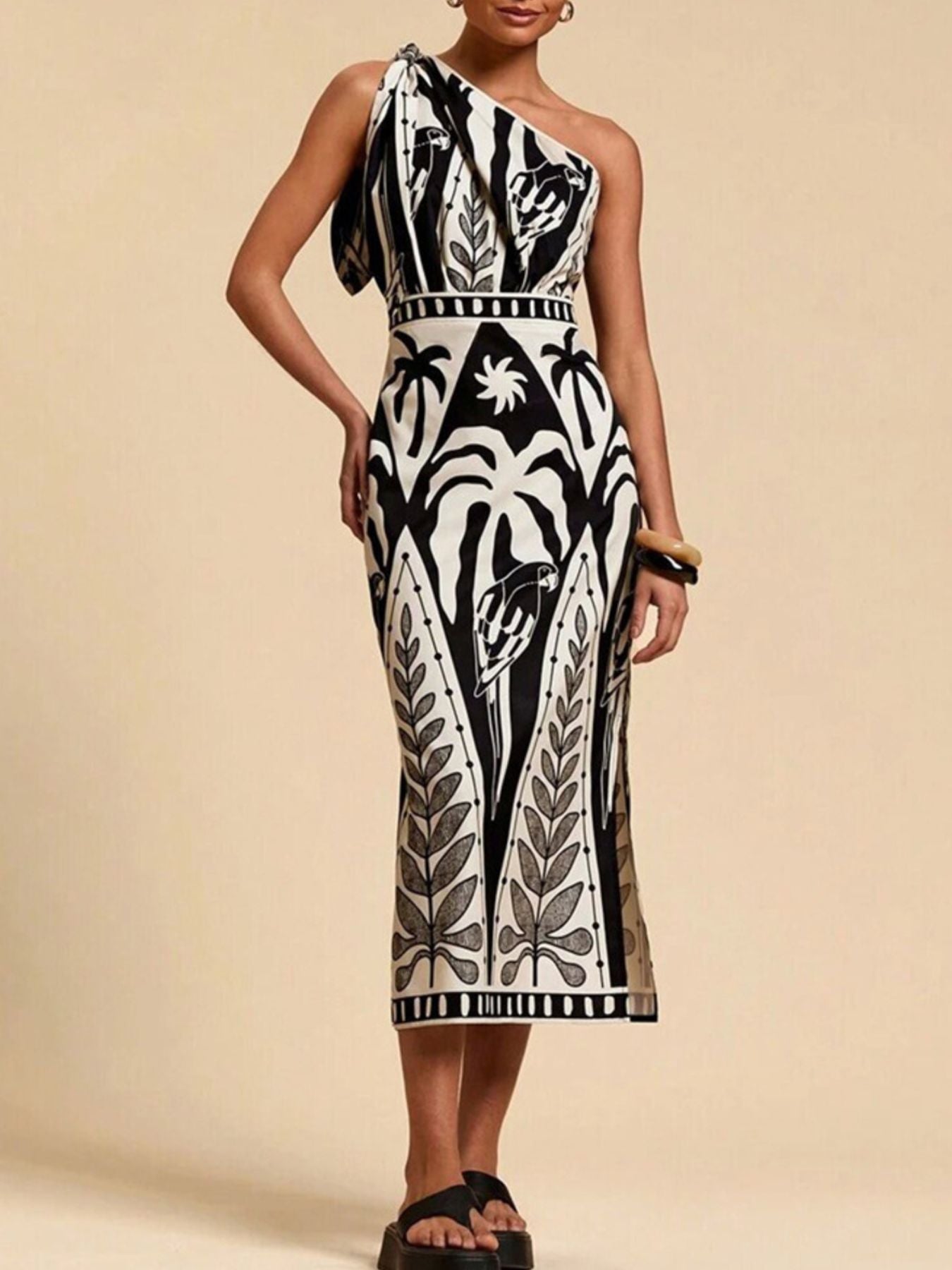 One - Shoulder Tropical Print Midi Dress - Flip Flop Dynasty