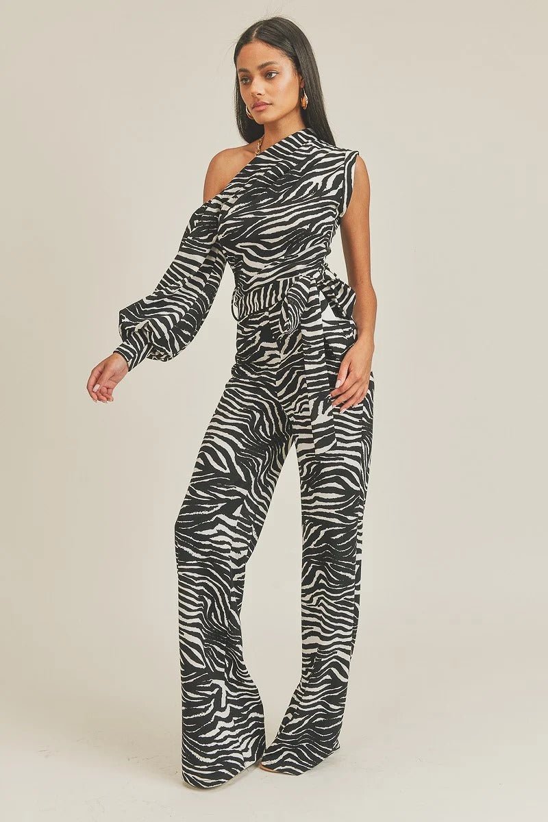 One Shoulder Zebra Print Jumpsuit - Flip Flop Dynasty